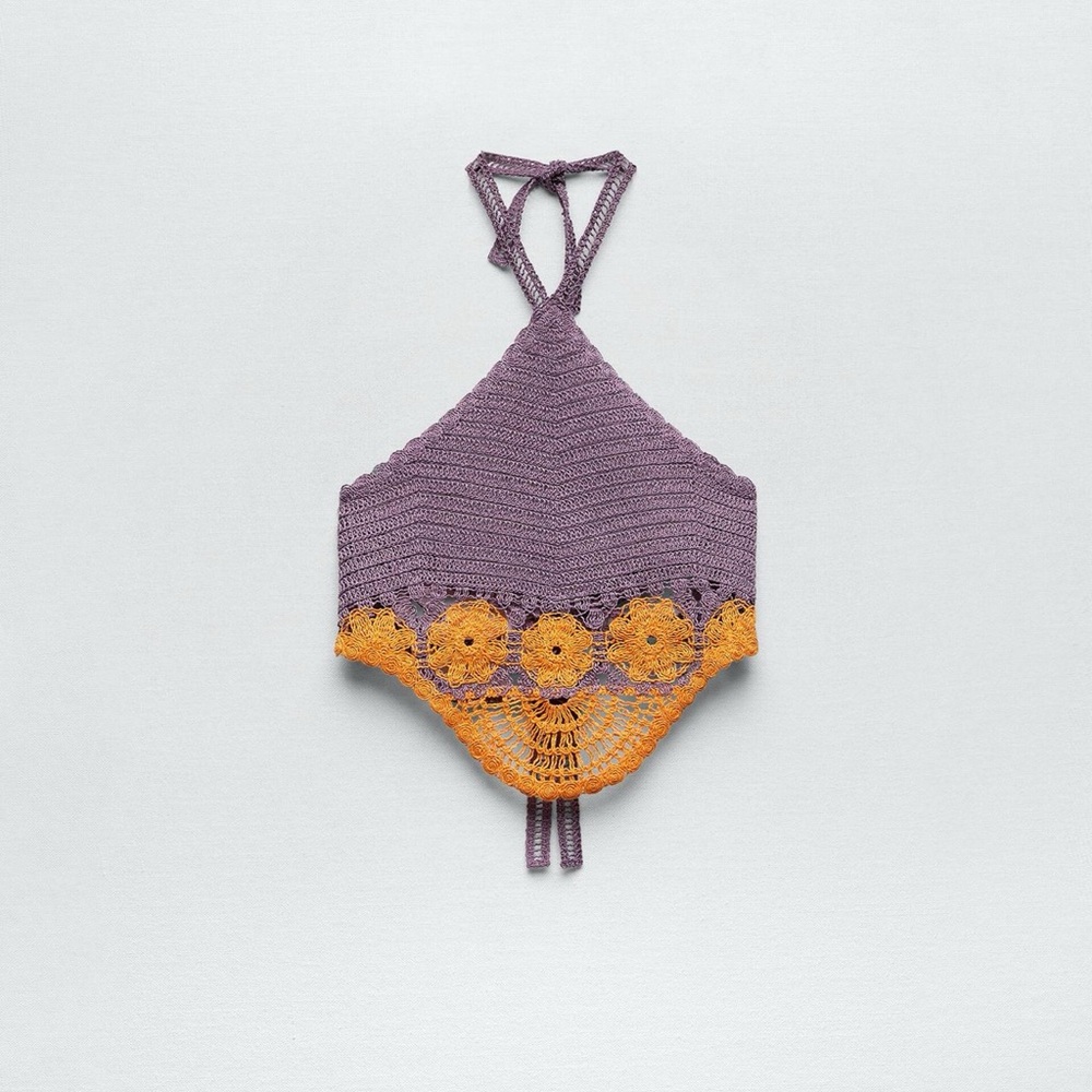 Zara Halter Crochet Knit Top Purple Orange